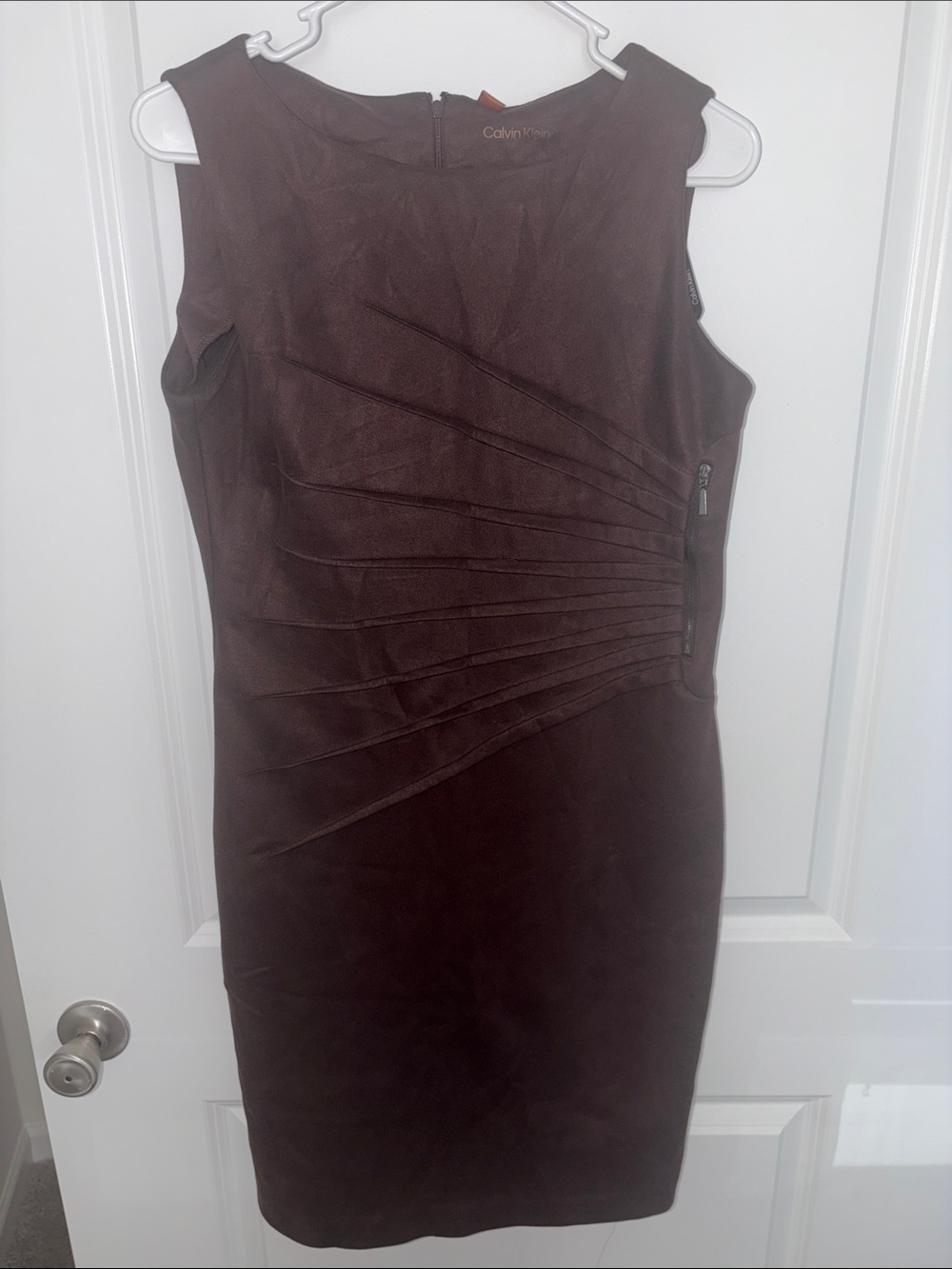 Calvin Klein Dark Brown Pleated Sheath Midi Dress